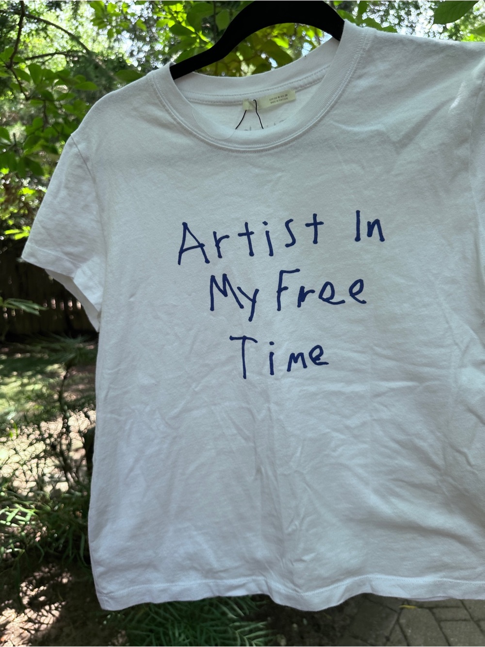 Zara White Tee with Blue Handwritten Graphic